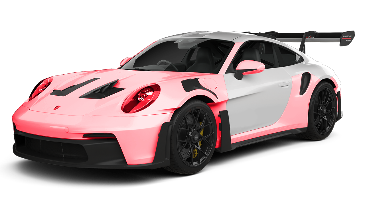 A pink and white porsche 911 gt3 rs with a wing on a white background.