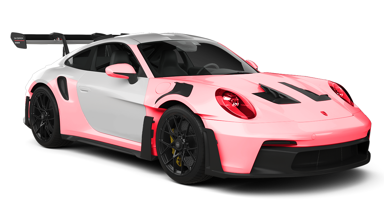 A pink and white porsche 911 gt3 rs with a wing on a white background.