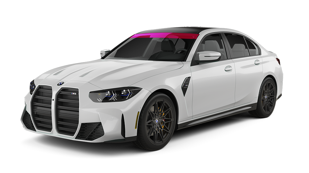 A white bmw m3 with a pink windshield sticker on it.