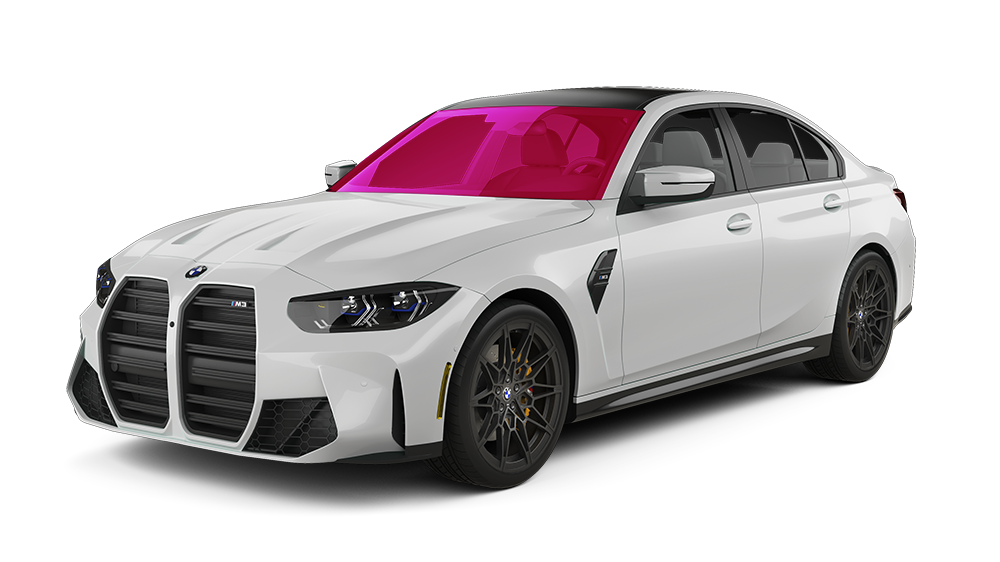 A white bmw m3 with a pink windshield on a white background.