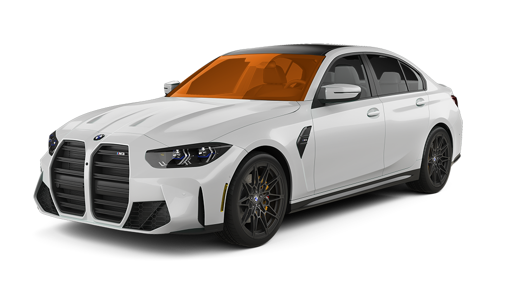 A white bmw m3 with a black grille on a white background.