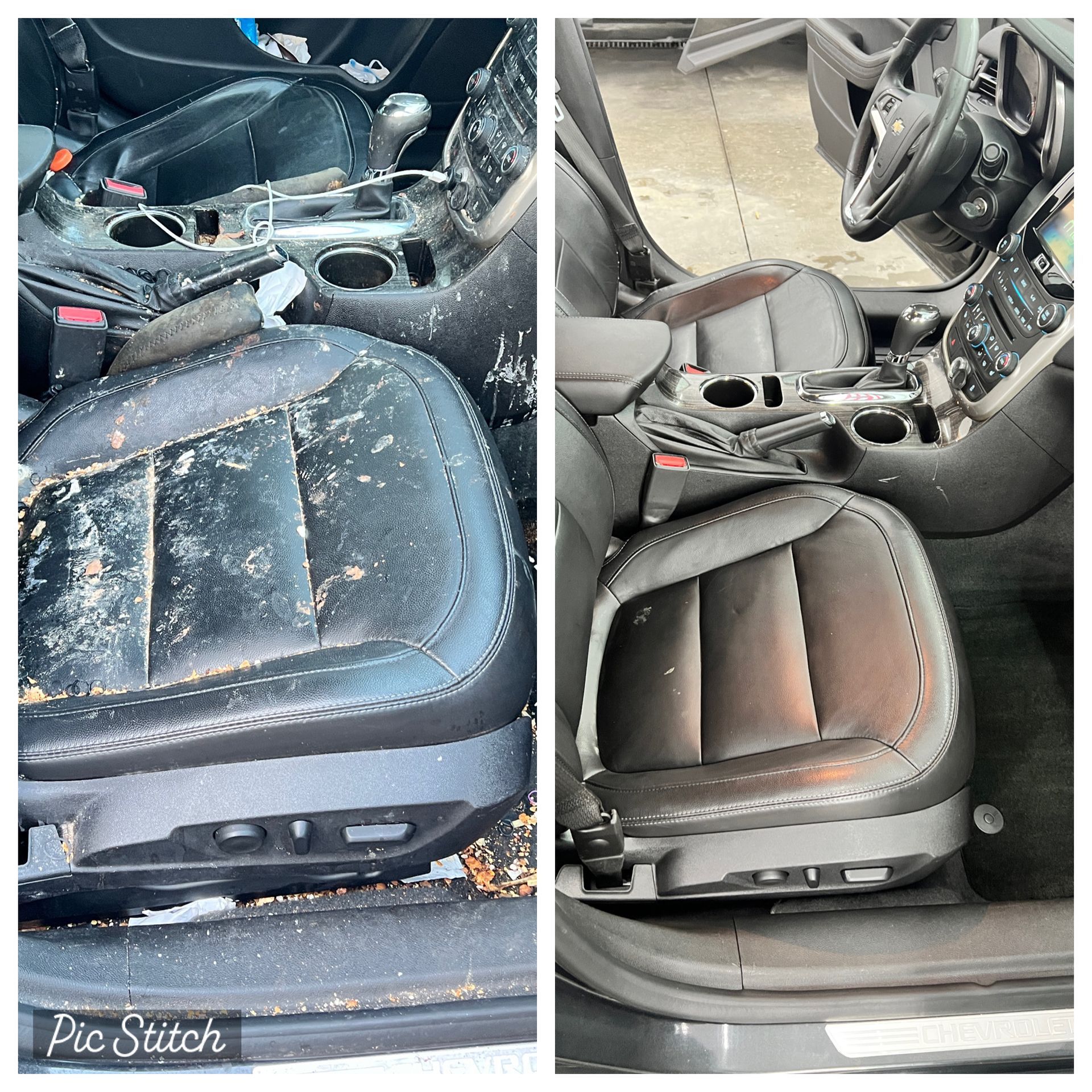 A before and after picture of a car seat being cleaned.