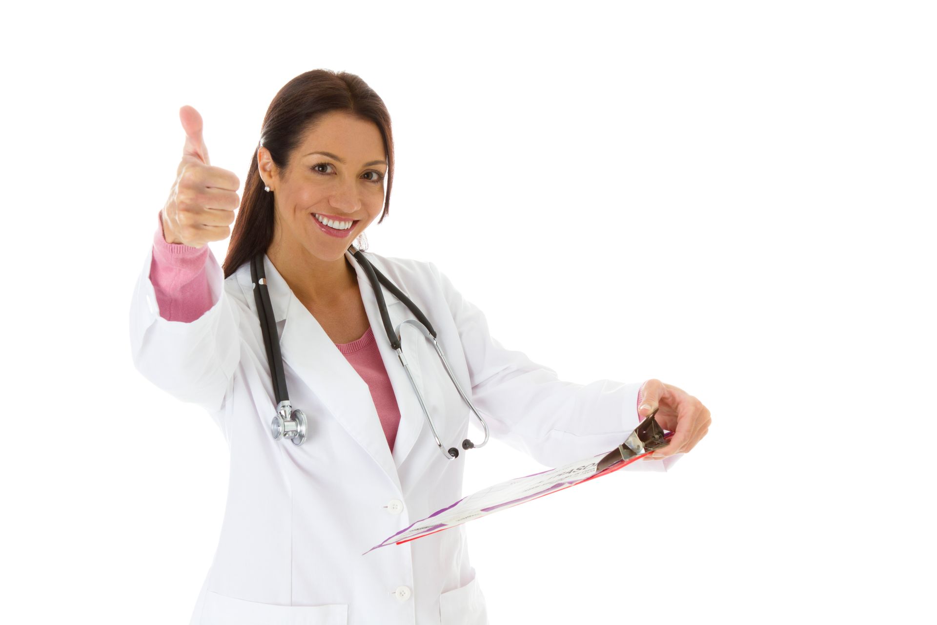 A woman is standing on a scale with dumbbells in the background.