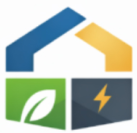 Icona di una casa con tetto blu e giallo, foglia verde e fulmine.