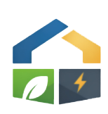 Icona astratta di una casa con tetto blu e giallo, foglia verde e fulmine.