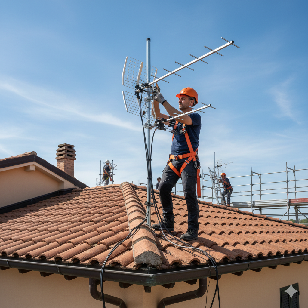 Un uomo con il casco arancione installa un'antenna TV su un tetto. Altri operai su un'impalcatura nelle vicinanze.
