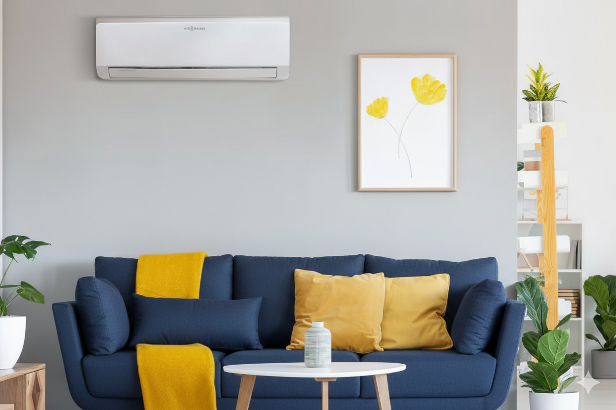 Divano blu con dettagli gialli in un soggiorno con condizionatore a parete e opere d'arte floreali.