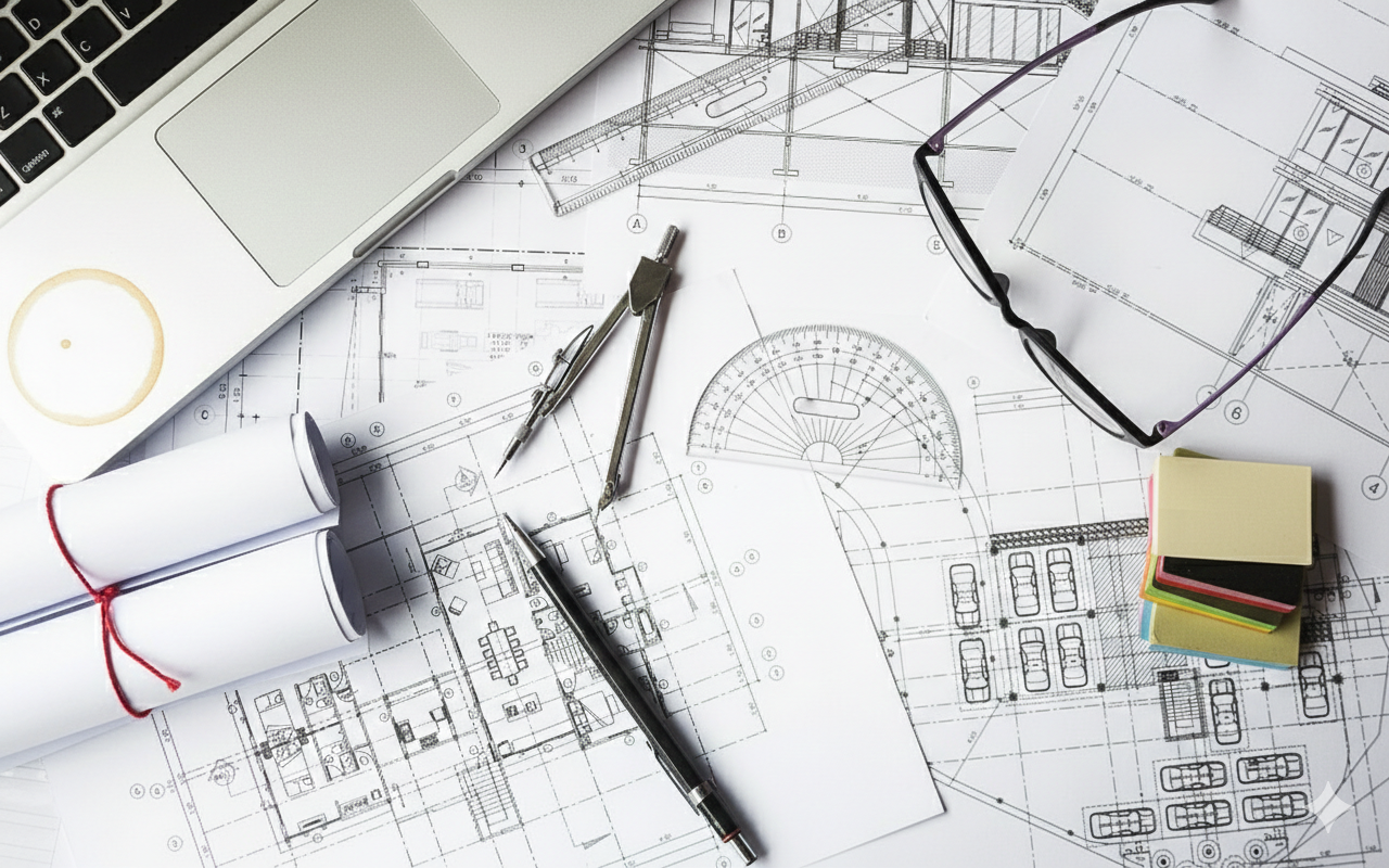 Scrivania da architetto con progetti, computer portatile, strumenti da disegno e occhiali, vista dall'alto.