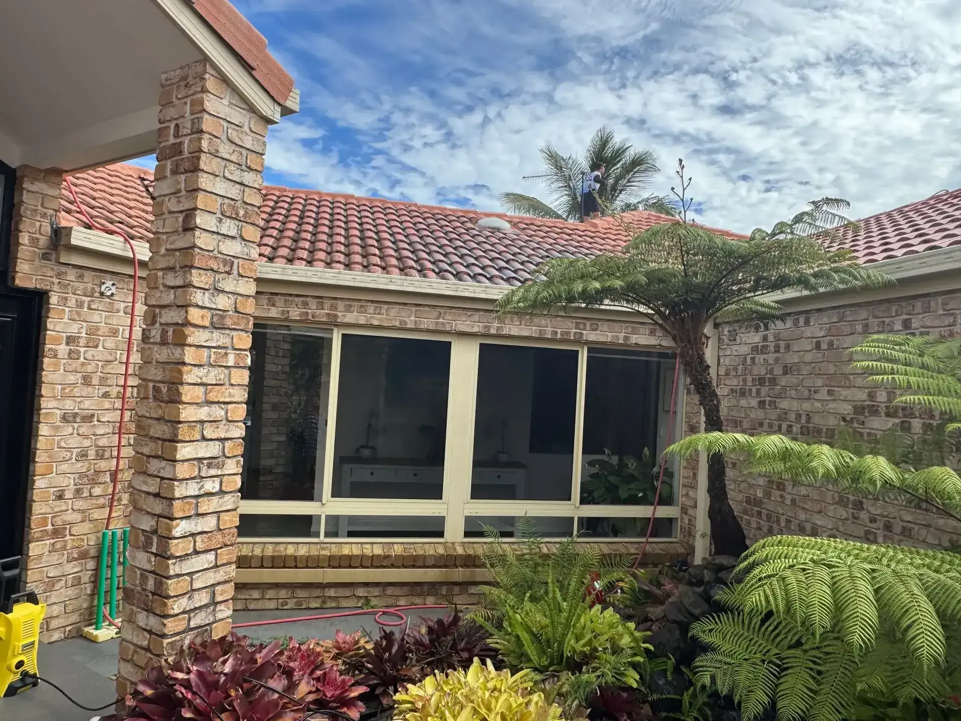 Stone steps leading to a beige gate and fence, next to a brick building and a potted plant.