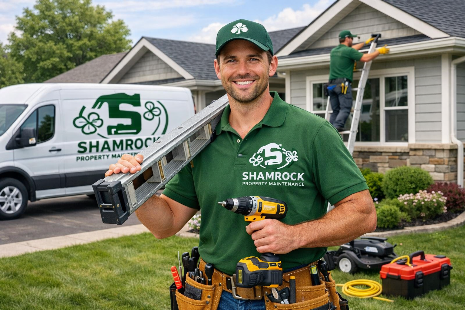Tools on a concrete surface: drill, toolbox, hammer, screws, and an orange and white organizer, near a brick wall.