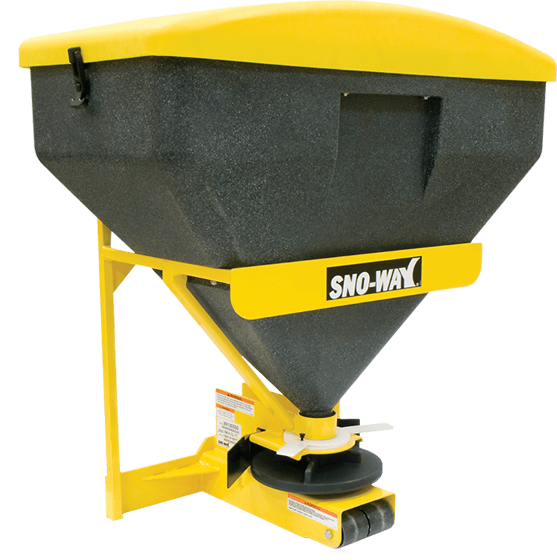 A yellow and black snow way spreader on a white background