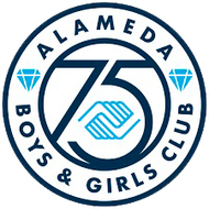 The logo for alameda boys and girls club shows a handshake in a circle.