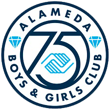 The logo for alameda boys and girls club shows a handshake in a circle.