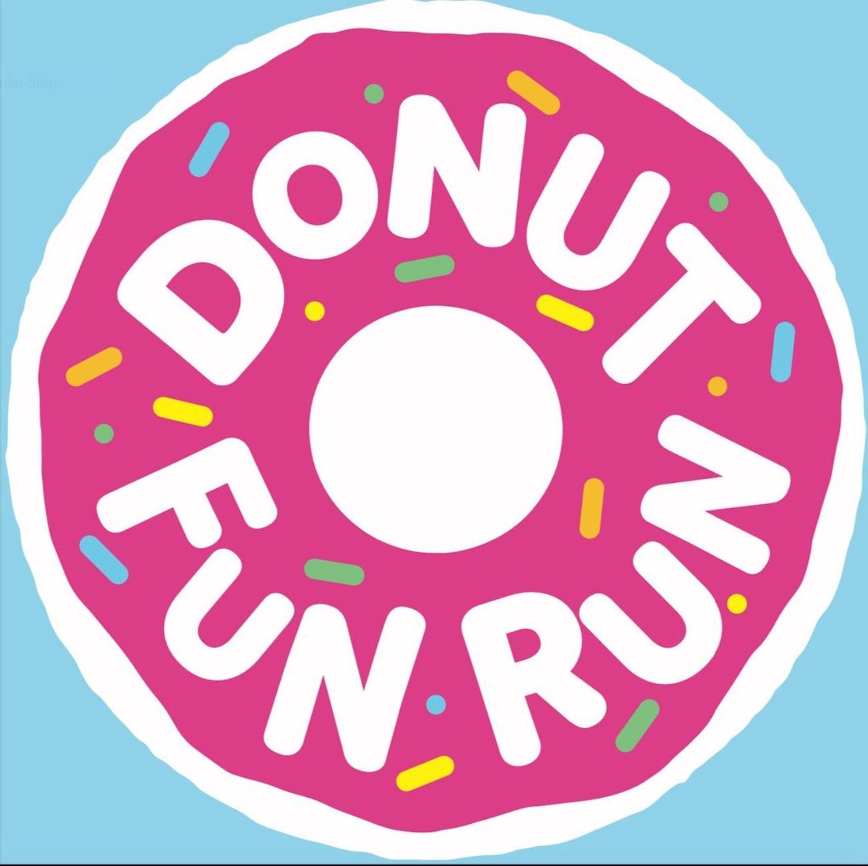 A pink donut with the words donut fun run around it