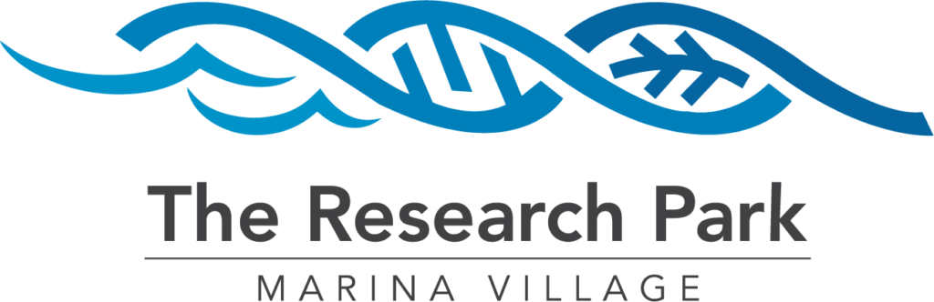 A blue and white logo for the research park marina village