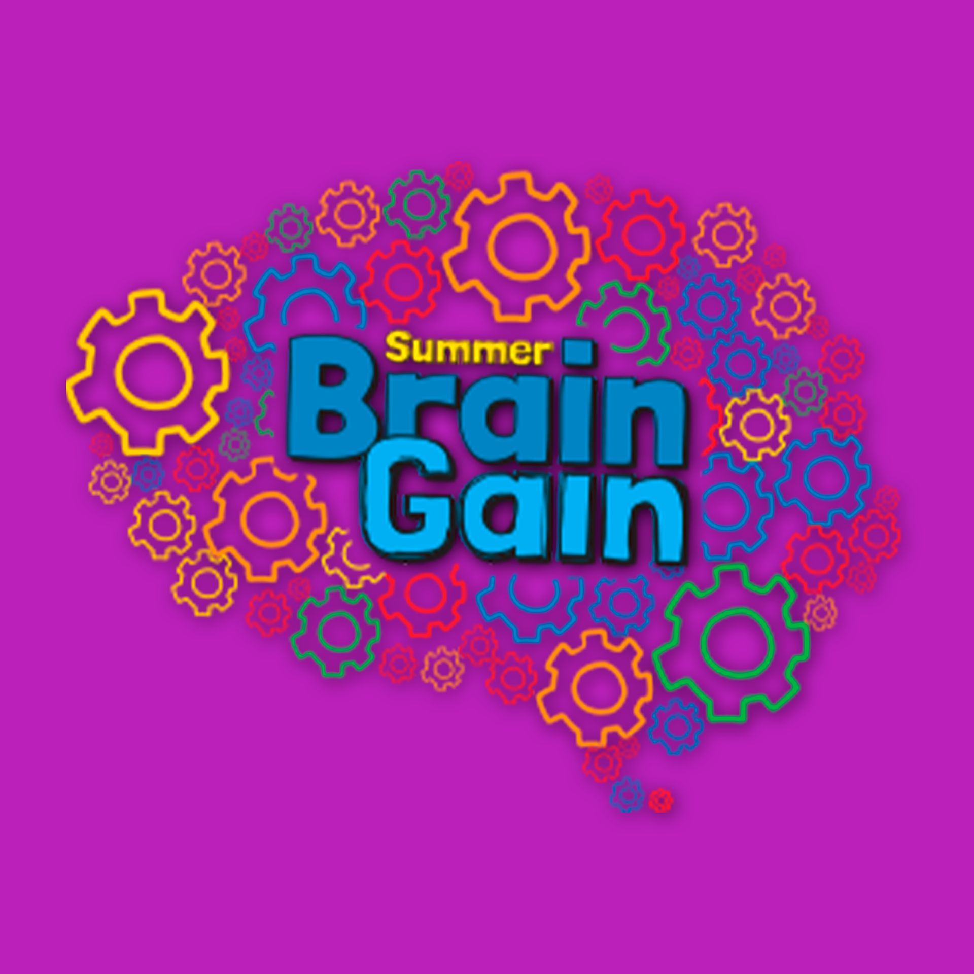 A purple background with gears and the words brain gain