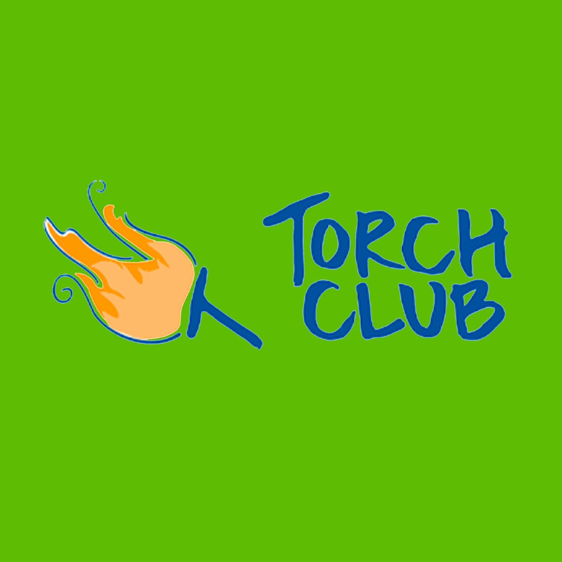 A logo for torch club with a hand on a green background