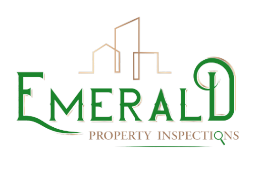 The logo for emerald property inspections is green and white.