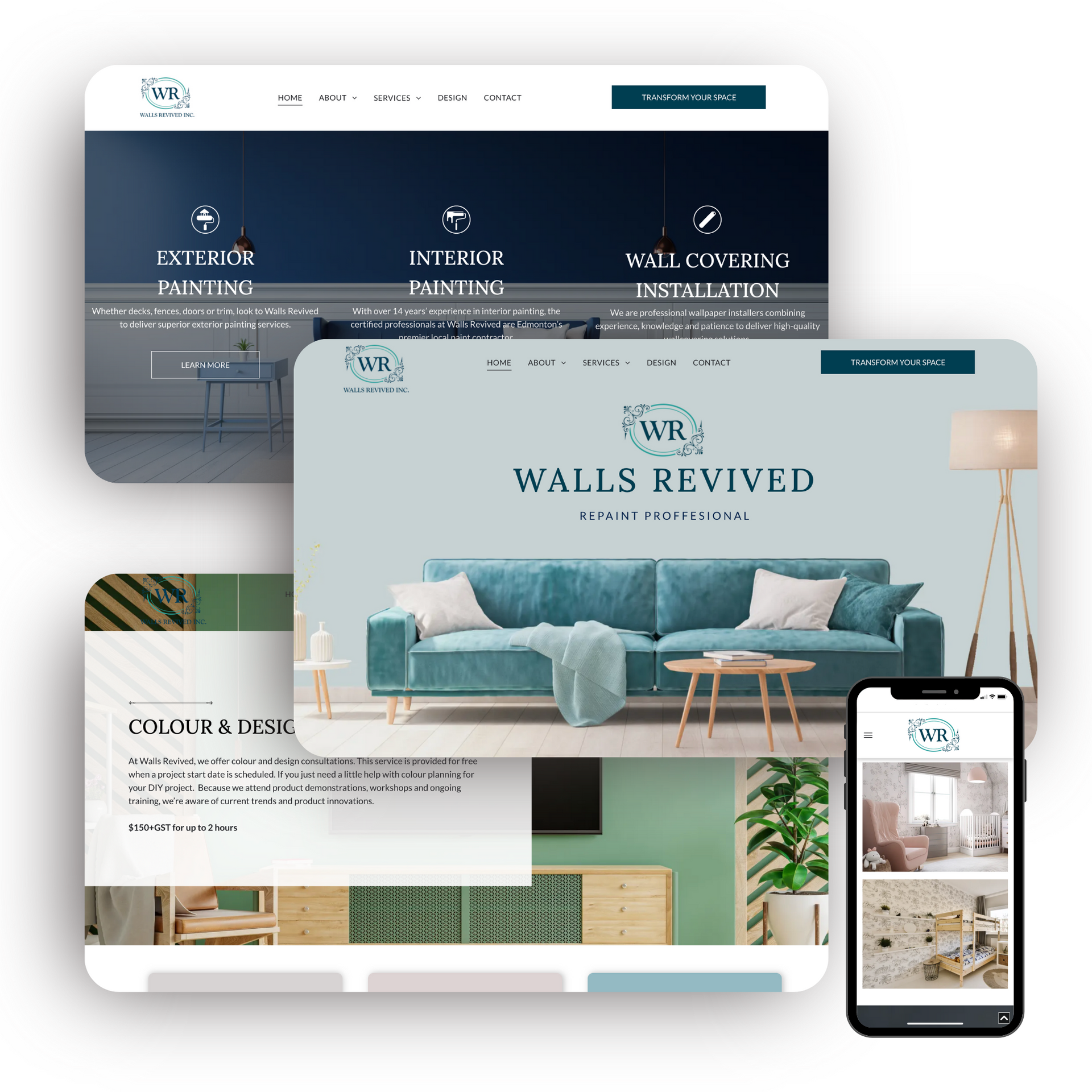 A website for walls revived shows a living room with a blue couch and green walls.