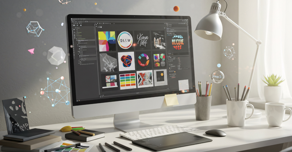 Desktop computer displaying graphic design work; pencils, lamp, and mugs on desk.