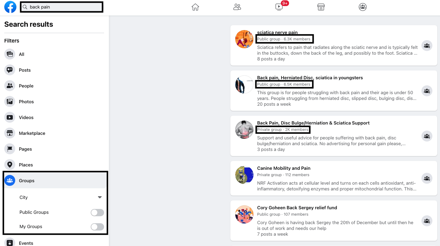 screenshot of back pain search on facebook