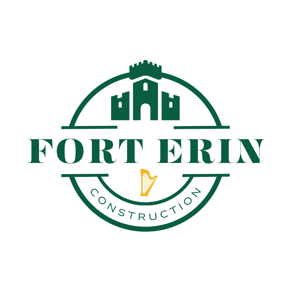 A logo for fort erin construction with a castle and a harp.