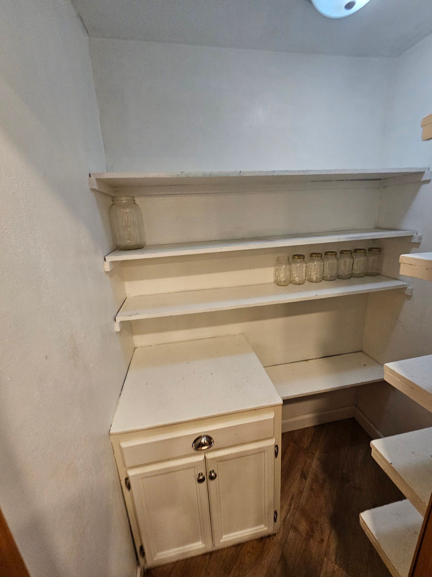 There are many jars on the shelves in the pantry.