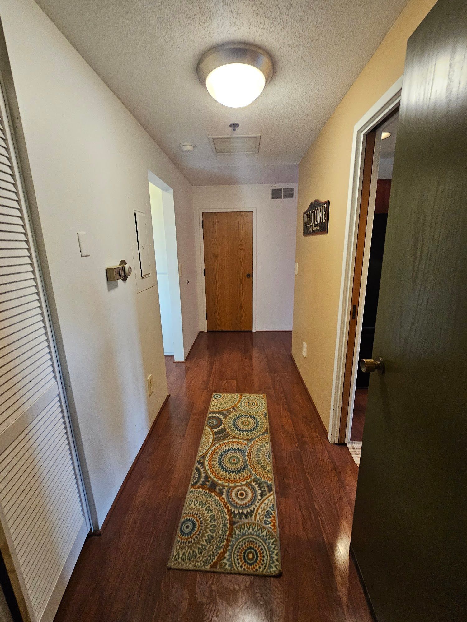 A long hallway with a rug on the floor and a door.