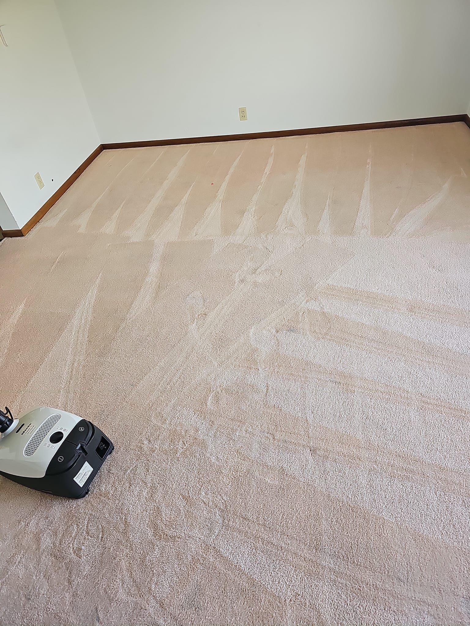 A vacuum cleaner is sitting on a carpeted floor in an empty room.