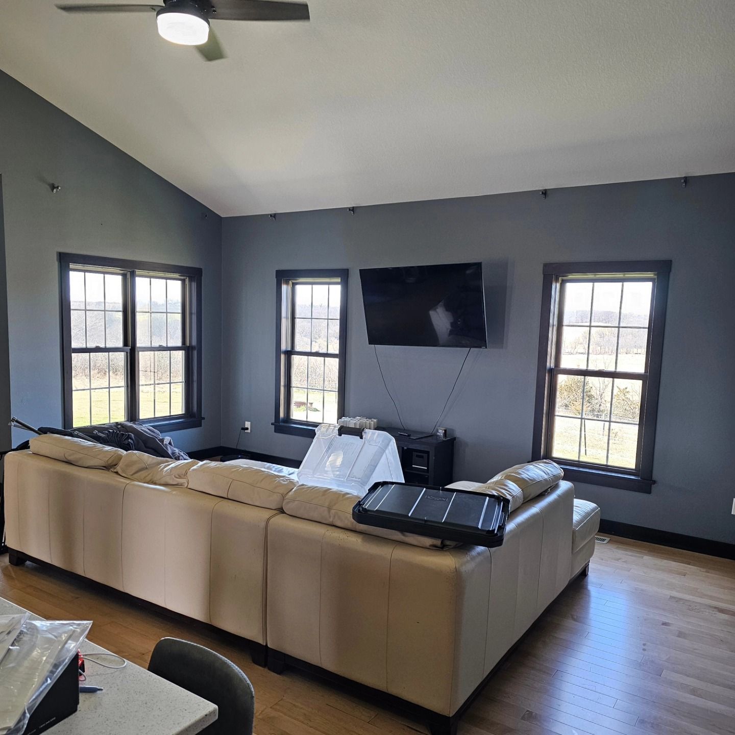 A living room with a couch , television , and ceiling fan.