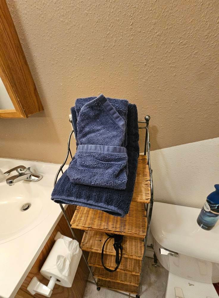 A bathroom with a towel rack and a toilet.