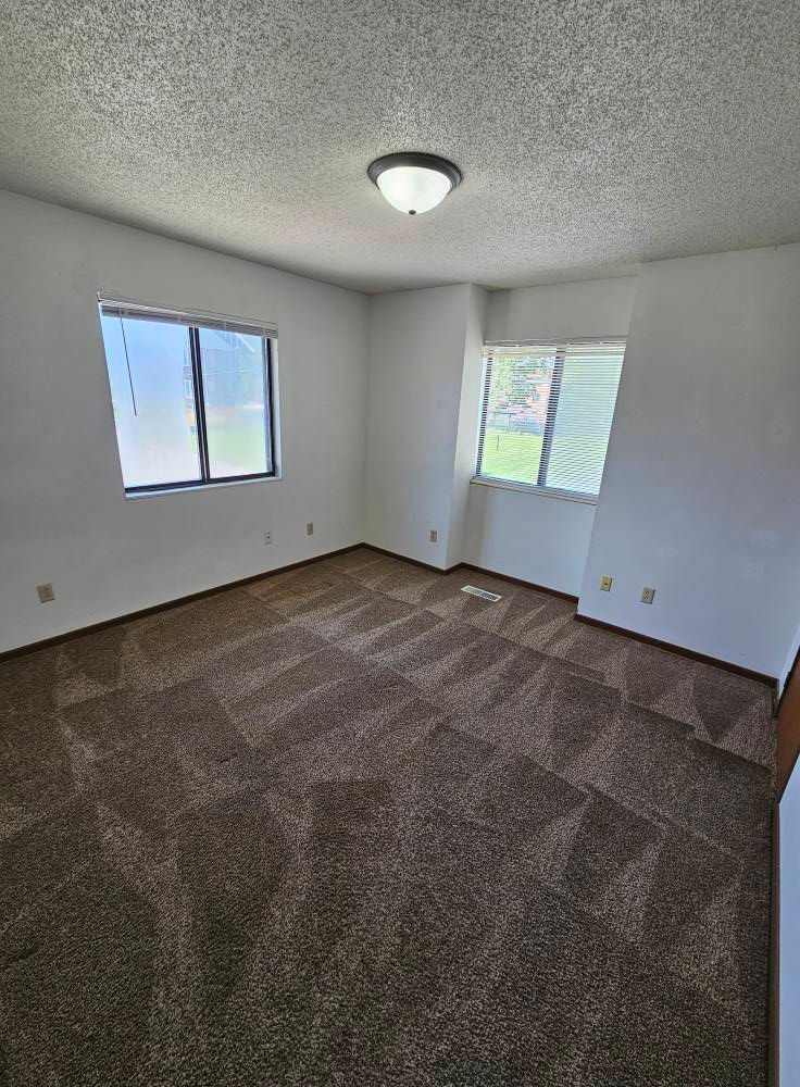 A large empty room with a carpeted floor and two windows.
