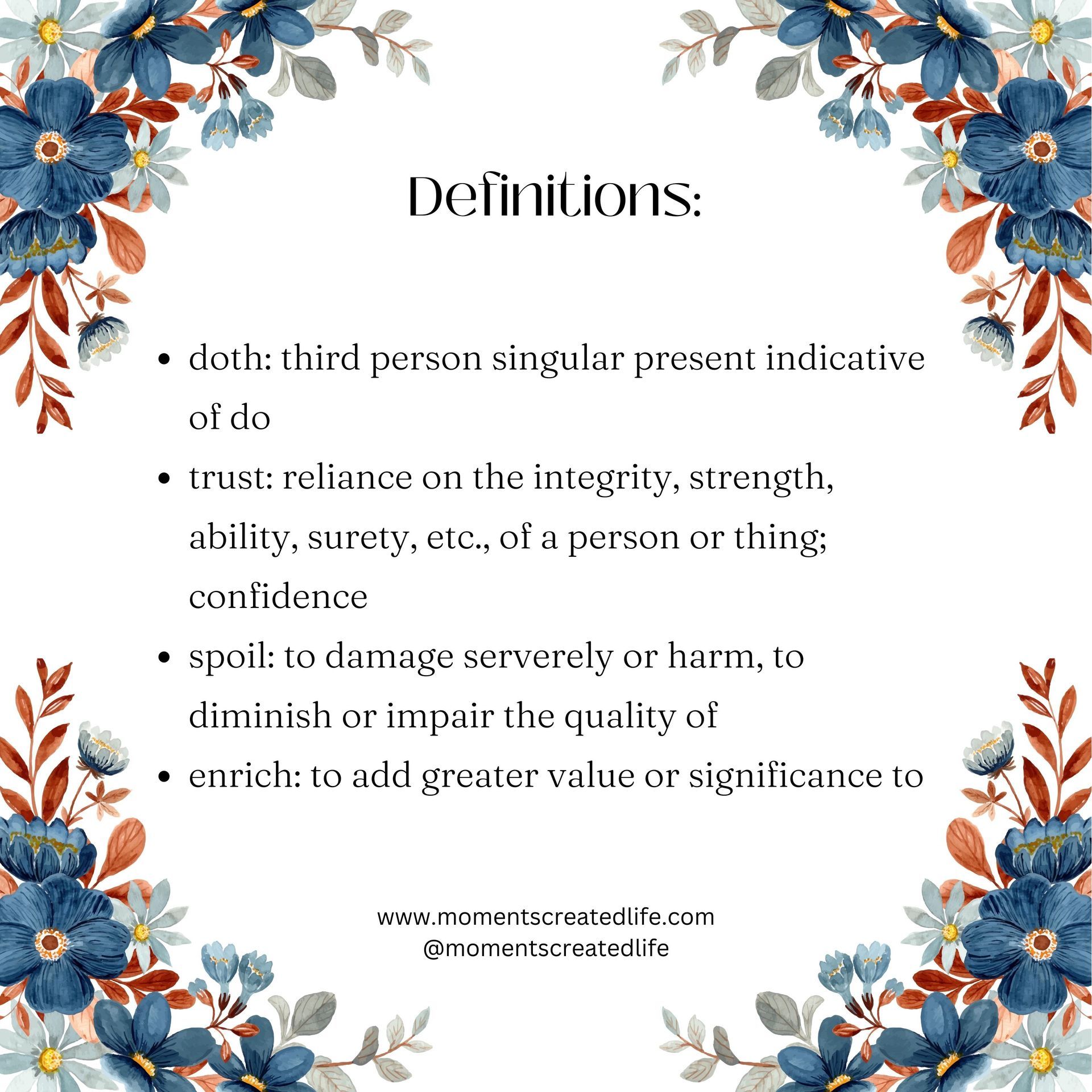Definitions of doth, trust, spoil and enrich.
