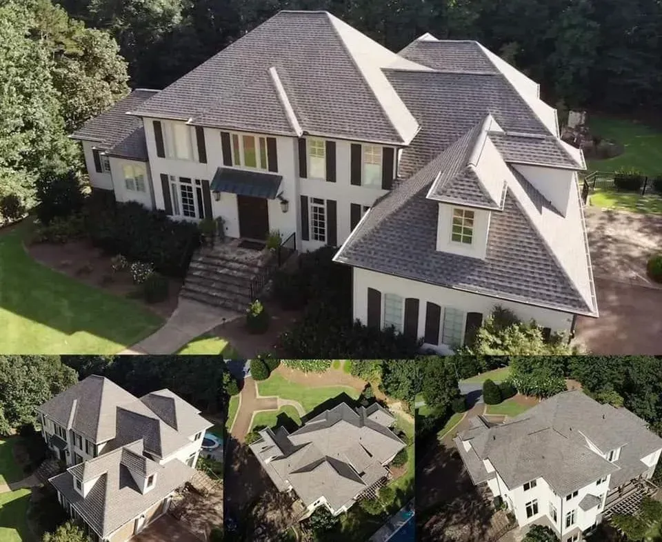 Aerial view of a large white two-story house with a gray shingle roof, shown from four different angles.