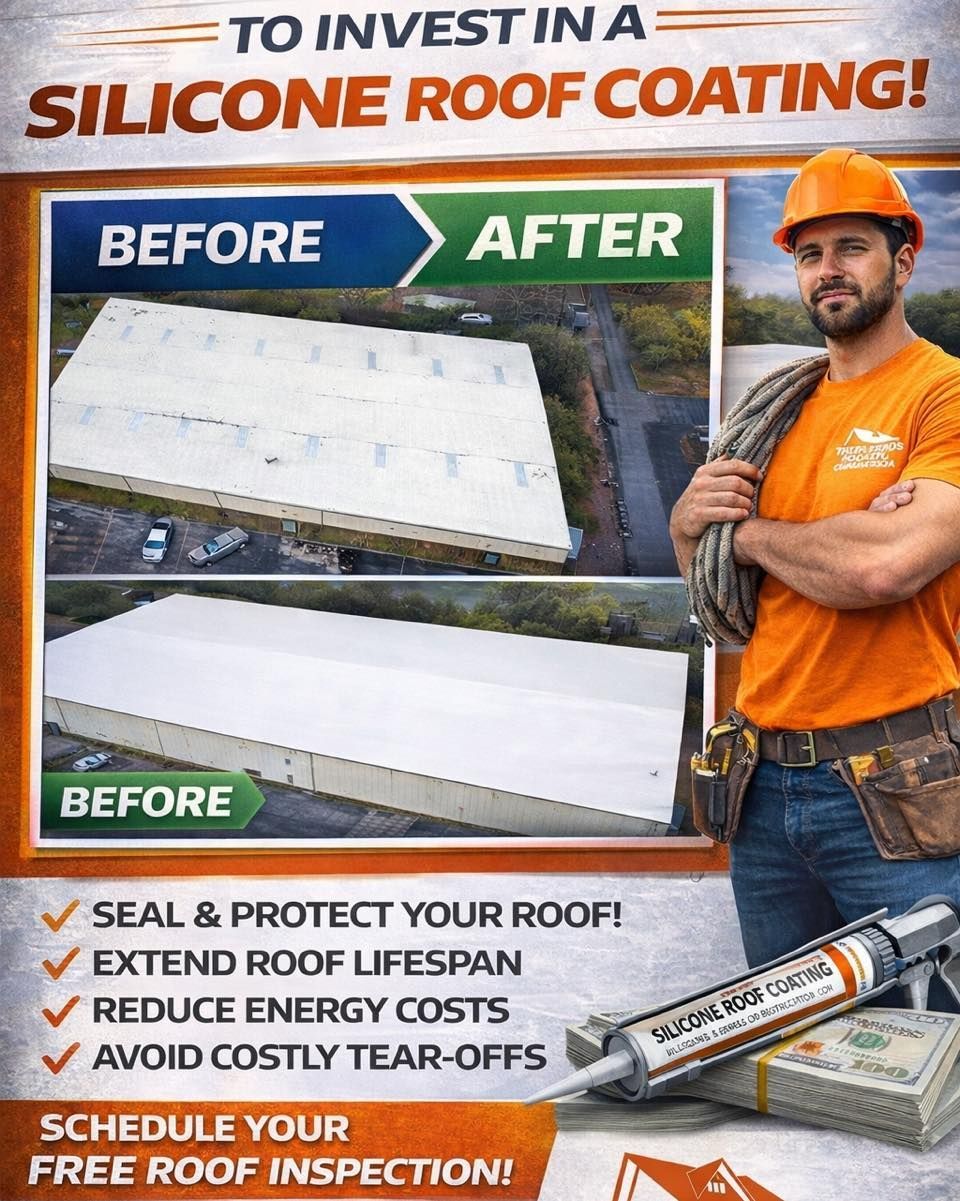 An advertisement for silicone roof coatings featuring a before and after roof comparison, a worker, and benefit bullets.