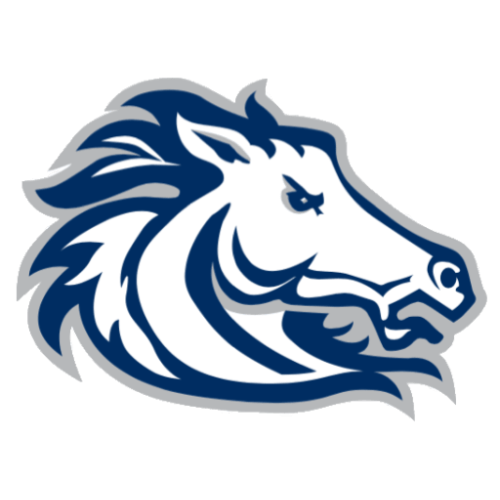 A stylized logo of an aggressive, dark blue and white horse head facing right with a light gray outline.