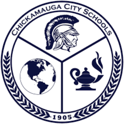 The Chickamauga City Schools logo, featuring a Spartan helmet, a globe, and an oil lamp inside a circle, dated 1905.