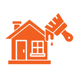 An orange icon of a house being painted by a paintbrush.
