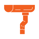 An orange icon of a roof gutter system with a downspout discharging water.