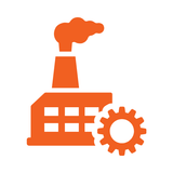 An orange icon of a factory building with smoke rising from a chimney, next to a large gear.