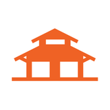 An orange icon of a multi-tiered roof building with two rectangular openings on the ground level.