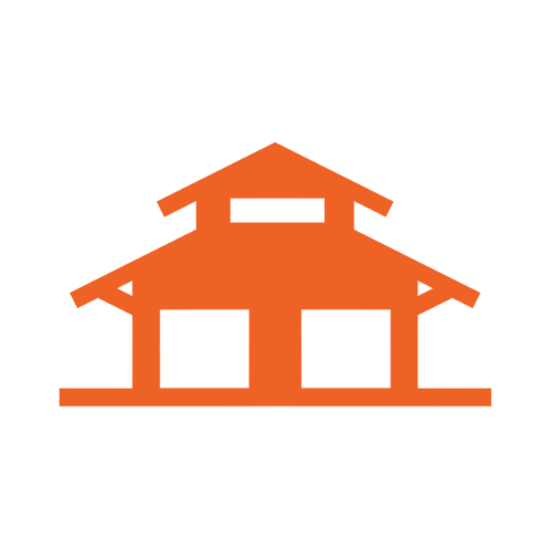 An orange icon of a multi-tiered roof building with two rectangular openings on the ground level.