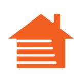 A solid orange icon of a house with a chimney and horizontal lines cut out of the side of the building.