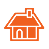 An orange outline icon of a house with a chimney and a small arched doorway.