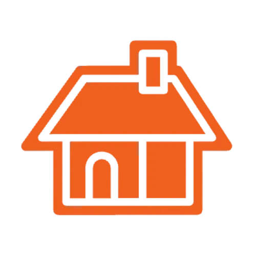 An orange outline icon of a house with a chimney and a small arched doorway.