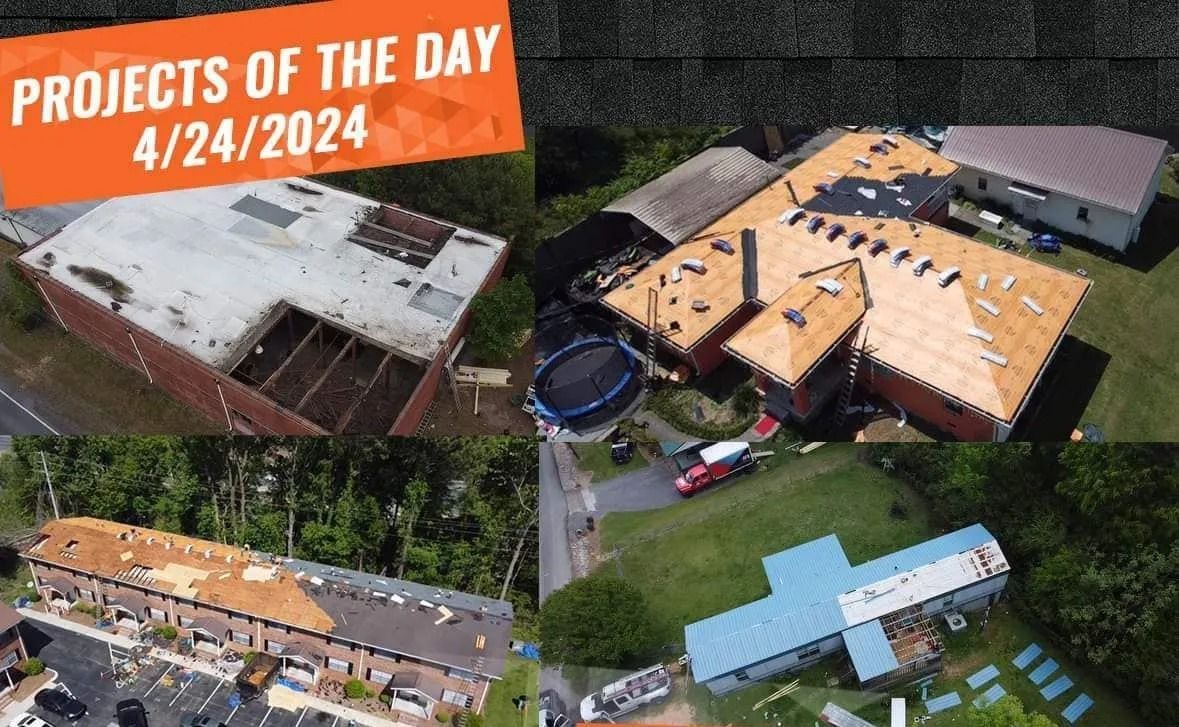Four aerial views of commercial and residential roofs undergoing repair or construction, labeled 