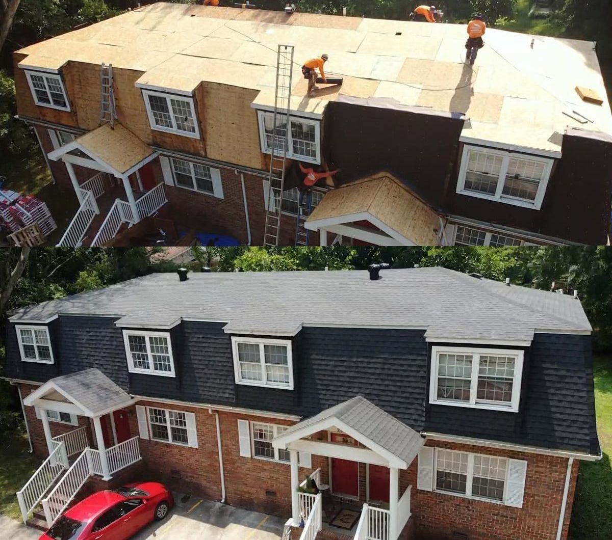 Split view of a residential building roof undergoing repair, showing the bare wooden sheathing above and finished shingles.