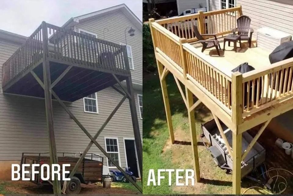 A split-screen comparison showing a dark wood elevated deck before renovation and a light wood finished deck after.