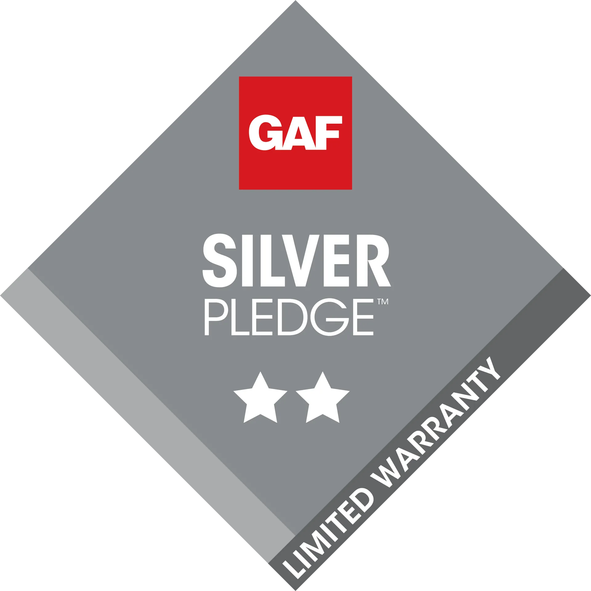 A gray diamond-shaped GAF Silver Pledge Limited Warranty logo with a red square, white text, and two stars.