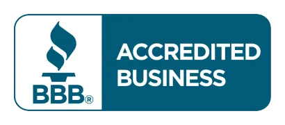 BBB Accredited Business logo with a blue torch icon and white text on a blue background.